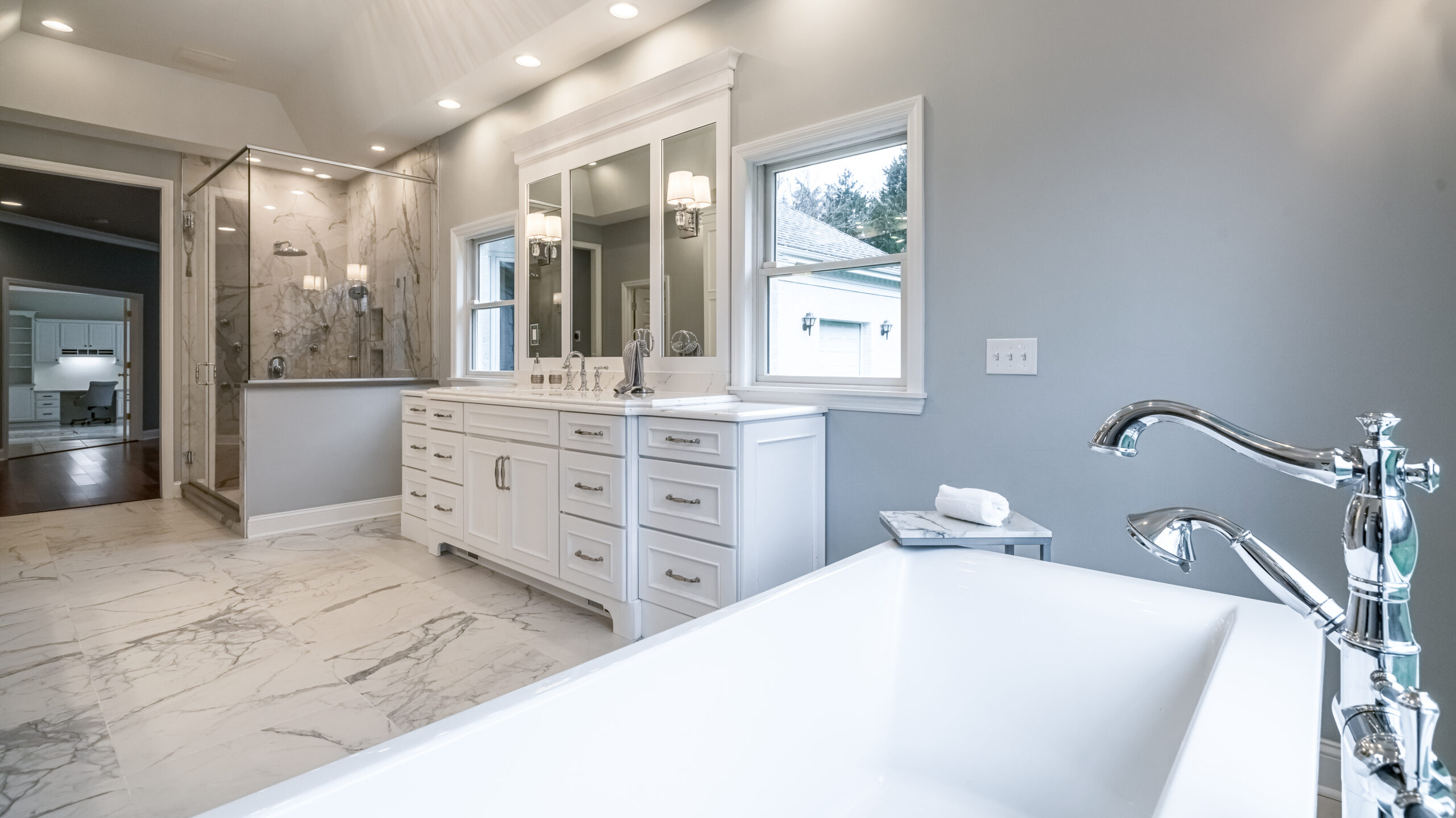 Master bath: freestanding tub and vanity, built by Premier Custom Builders