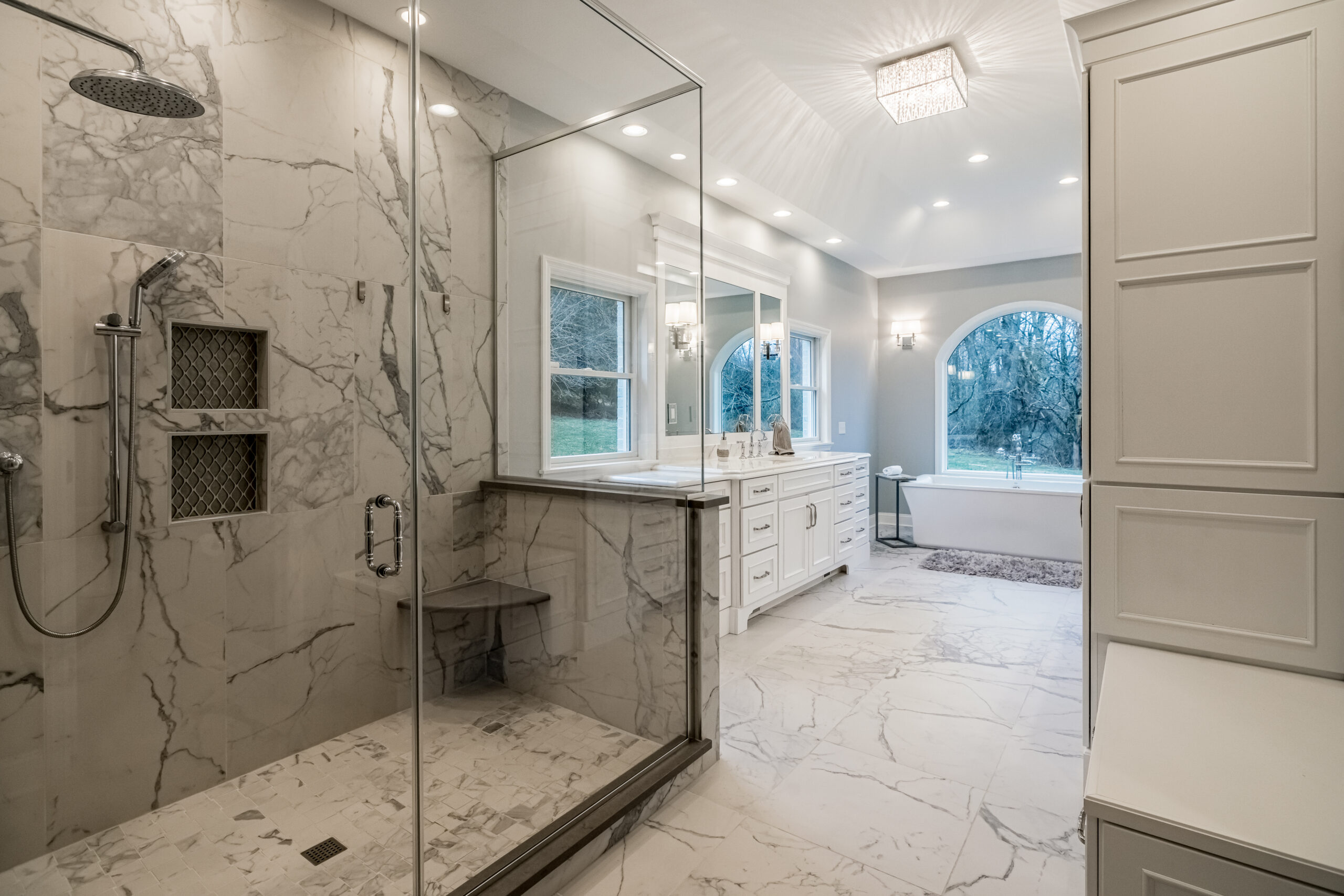 Bathroom: tiled walk-in shower, built by Premier Custom Builders